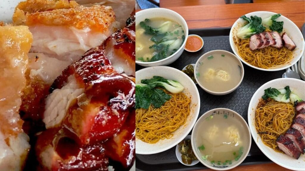 A plate of thick cut caramelized char siew and crackling roast pork belly served over steamed white rice with a dark savory sauce.