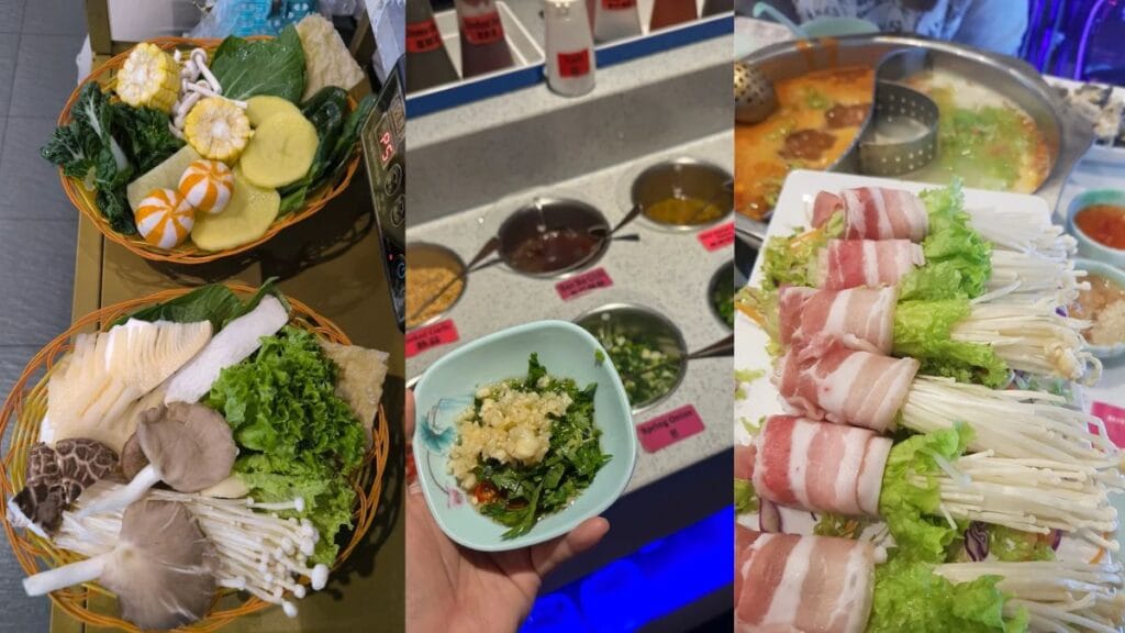 Individual hotpot dining setup featuring a simmering tomato soup base with a sliced pork meat plate and a fresh vegetable basket.
