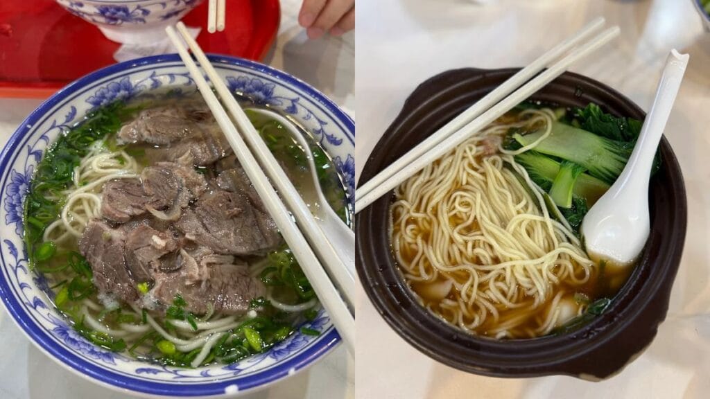 A steaming bowl of authentic hand pulled beef la mian noodles featuring thick cuts of tender beef in a clear savory broth.
