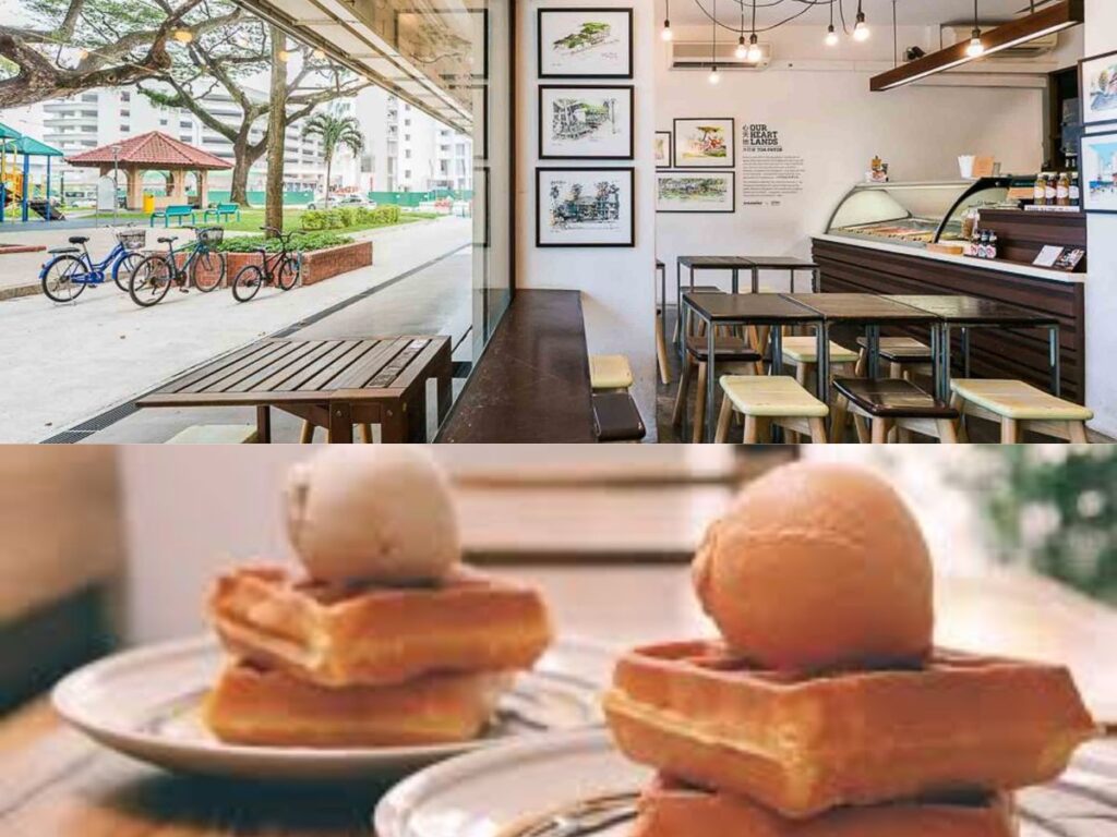 Best Tiong Bahru Cafes for Coffee, Brunch & Desserts (2026 Guide) 16 Two scoops of Sea Salt Gula Melaka and Roasted Pistachio ice cream on a thick, crispy waffle at Creamier Tiong Bahru.