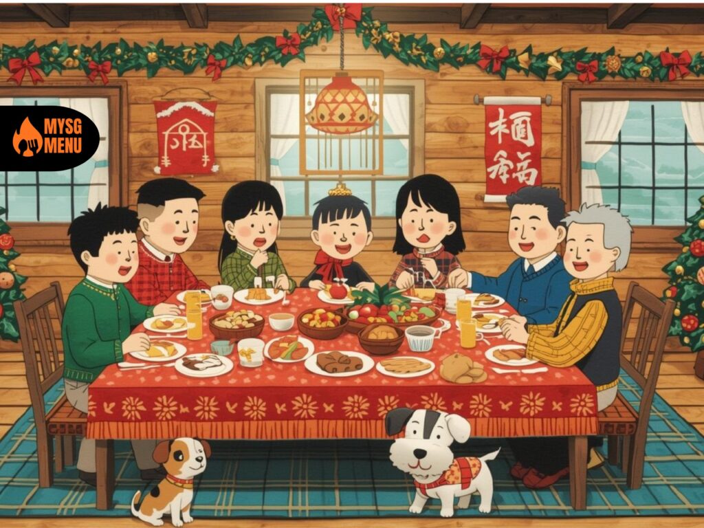 Family tossing yu sheng during CNY reunion dinner in Singapore