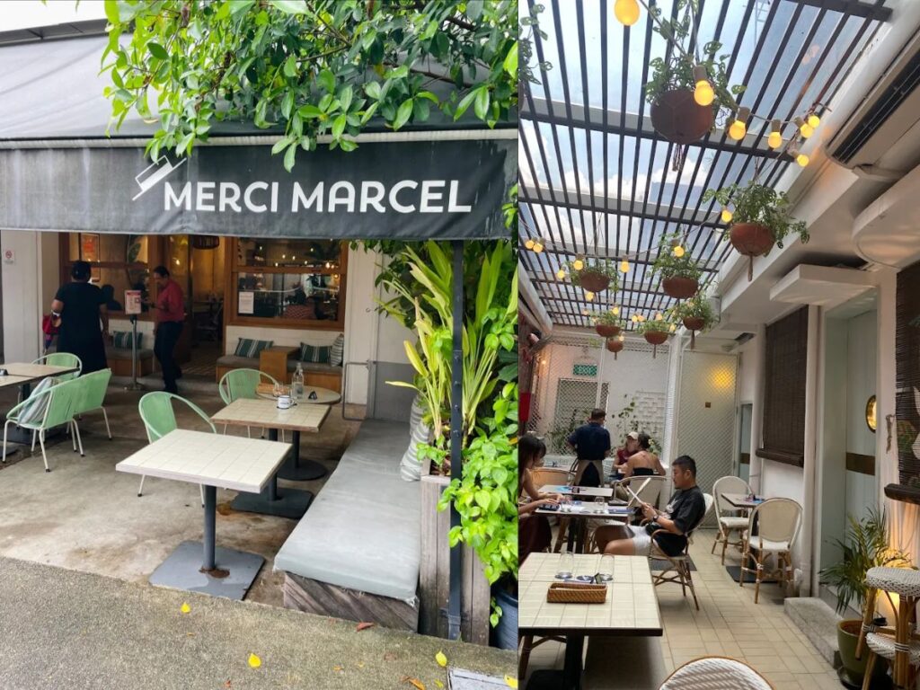 Best Tiong Bahru Cafes for Coffee, Brunch & Desserts (2026 Guide) 27 Merci Marcel (Tiong Bahru): The interior of the lush, plant-filled glasshouse patio with rattan furniture at Merci Marcel restaurant.