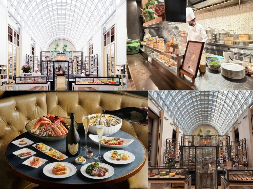 Elegant heritage-style dining room at Colony Ritz-Carlton featuring a premium Sunday champagne brunch spread.