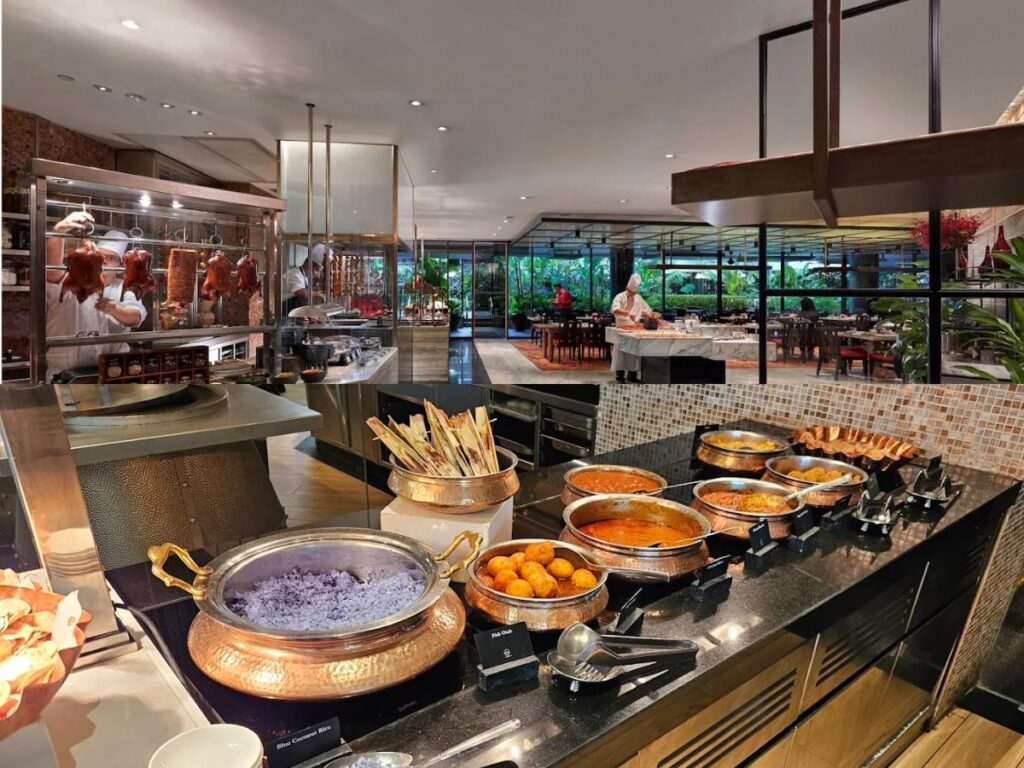 A luxurious garden-themed international buffet at Embu Mandarin Oriental Singapore featuring wood-fired pizzas and global cuisines.