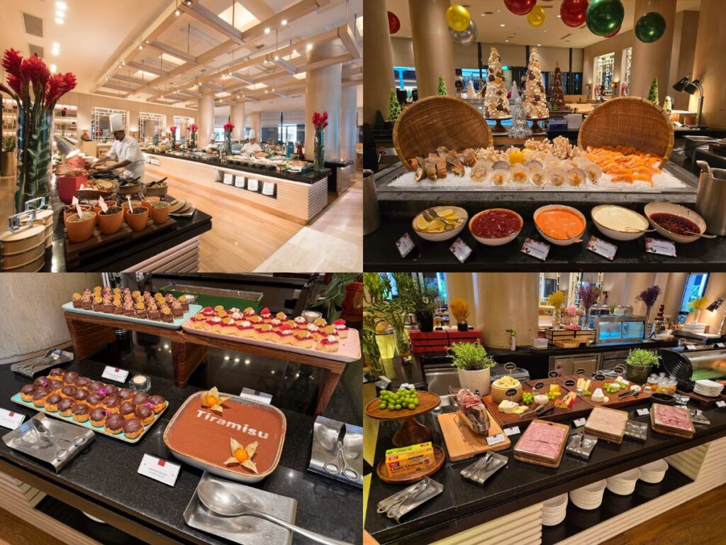 Outdoor charcoal BBQ station and international noodle bar at Oscar’s Conrad Centennial Singapore.