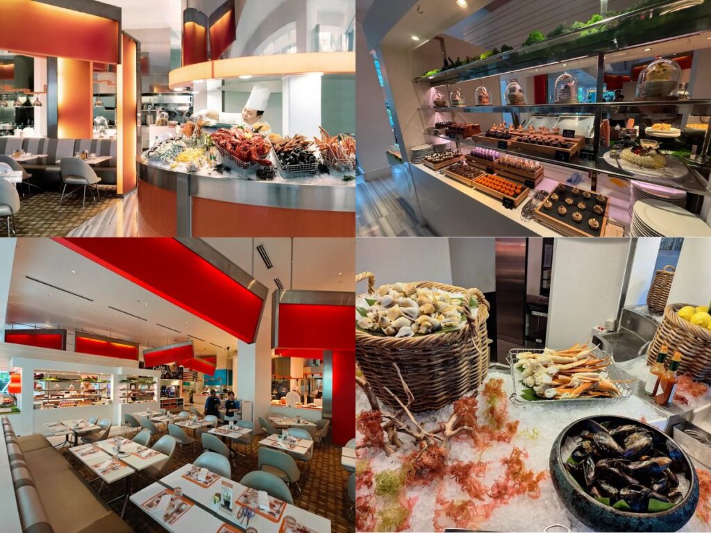 A massive seafood-on-ice display at The Line Shangri-La featuring fresh crabs, prawns, and oysters for families.