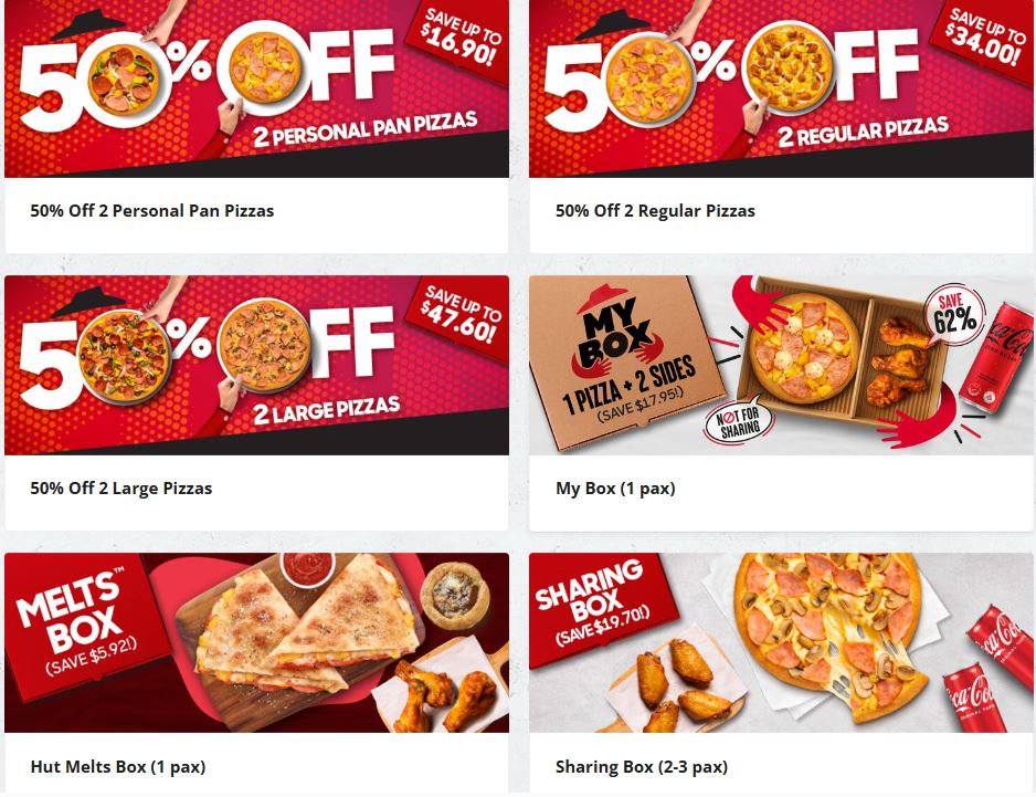 Pizza Hut Singapore Review: Menu, Prices, Location & Honest Verdict (2026) 5 Pizza Hut promotional deals showing discounted pizza bundles and combo offers on a smartphone app