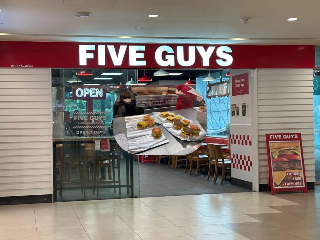 Five Guys cheeseburger fries and open kitchen seating Plaza Singapura Food