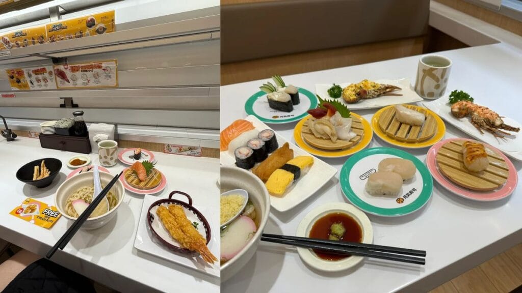 Plates of salmon sashimi and mentaiko fries, a popular Tampines Mall food selection at Genki Sushi.