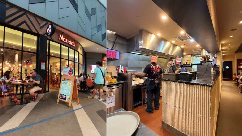Nando's storefront and dining area, a great place for flame-grilled Tampines Mall food.