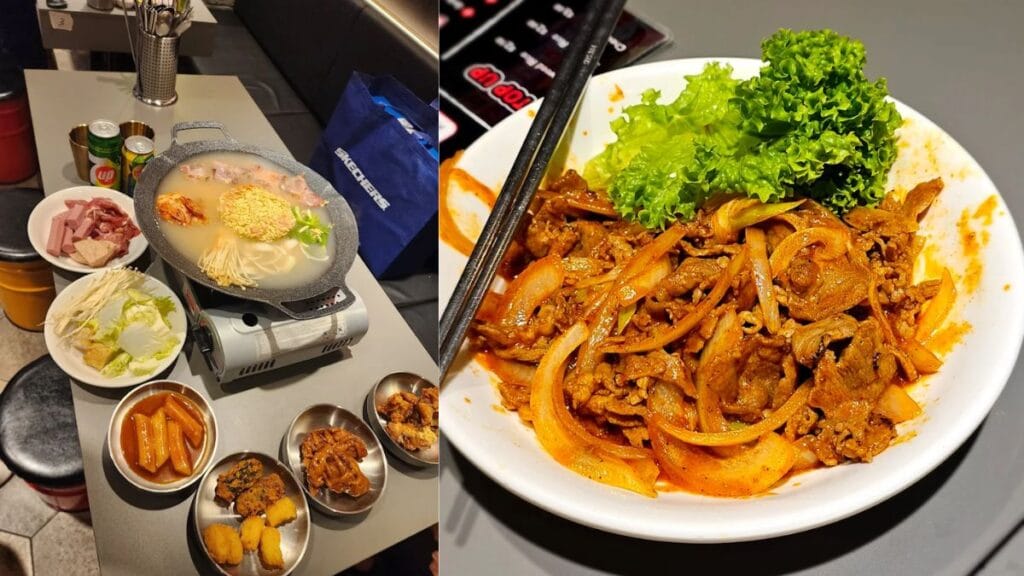 Spicy creamy shin ramyeon and rose tteokbokki, a comforting Tampines Mall food spread at POCHA!.