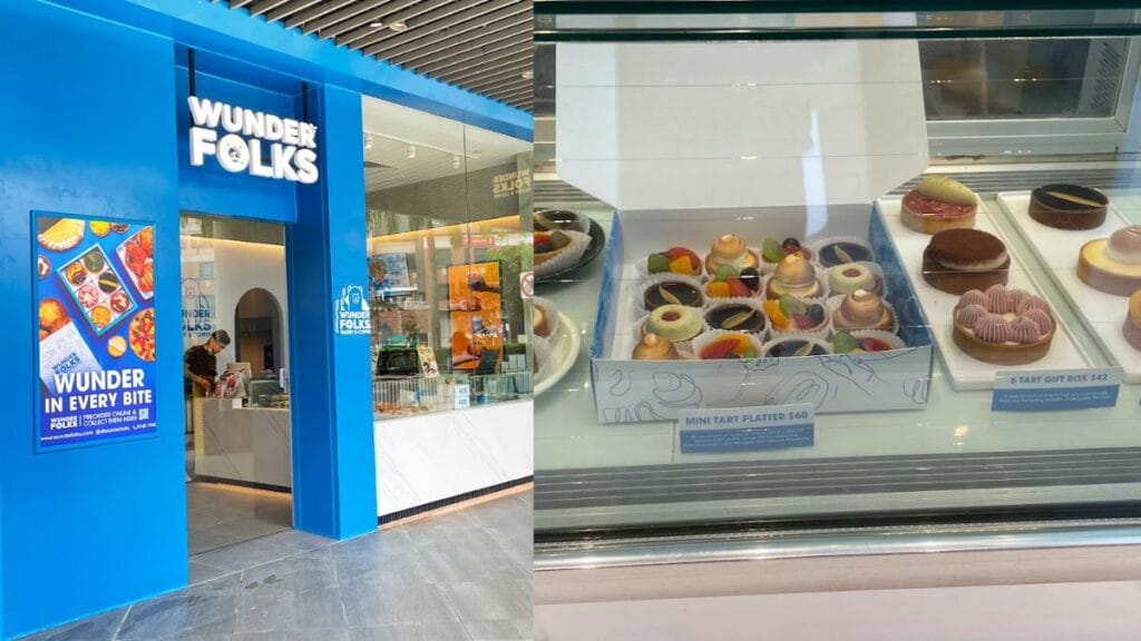 Wunderfolks tart kiosk storefront, offering sweet Tampines Mall food options for takeaway.