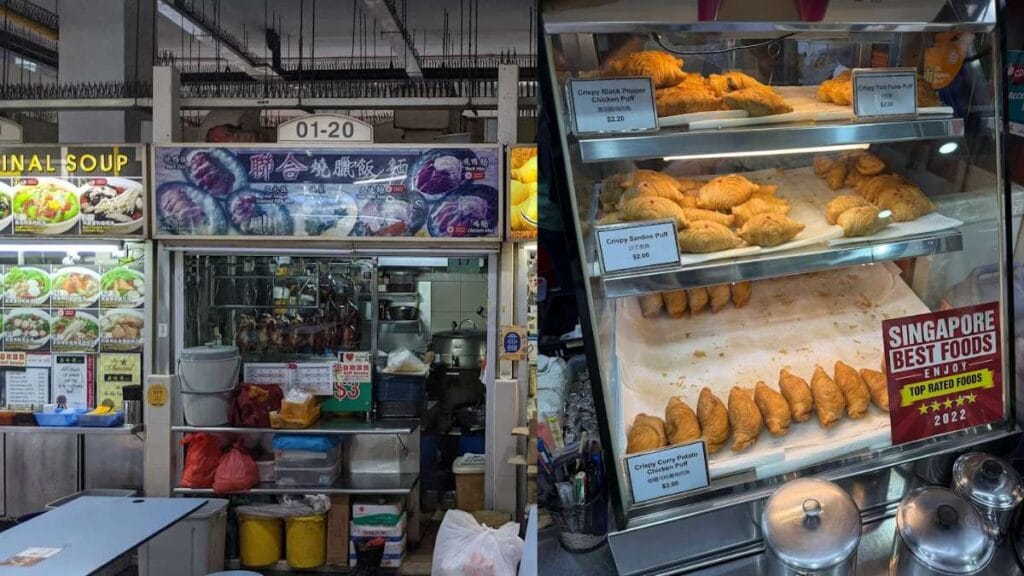 Amoy Street Food Centre Guide (2026): 20+ Best Stalls and Halal Eats 6 J2 Famous Crispy Curry Puff: Golden-brown flaky pastry curry puffs on a display tray from J2 Famous Crispy Curry Puff at Amoy Street Food Centre