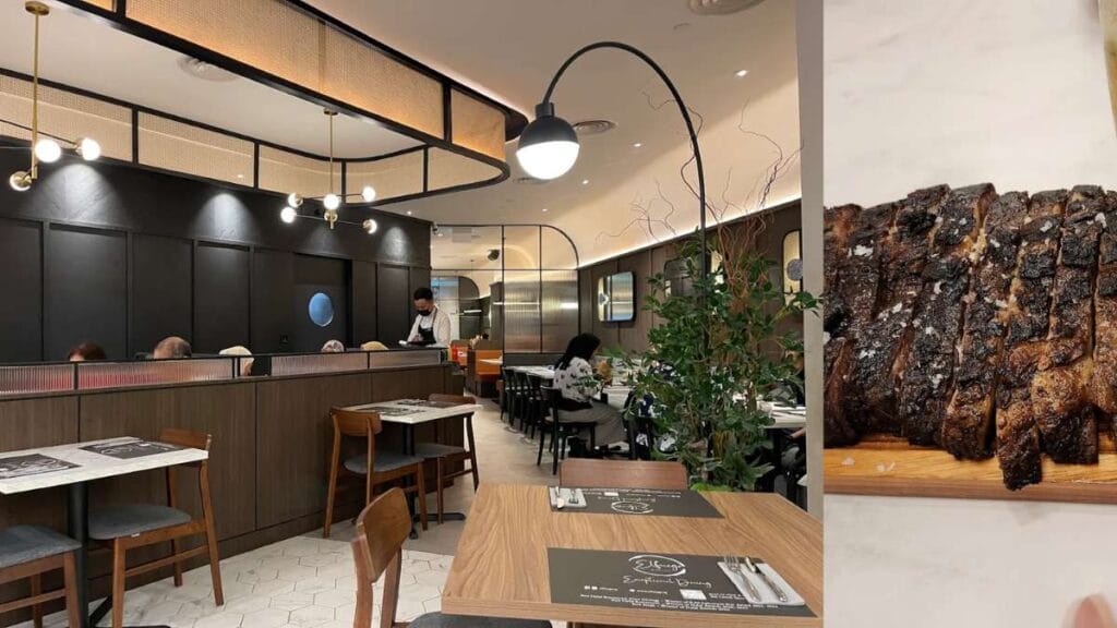 Elfuego by COLLINS: Premium halal-certified steak and grilled seafood platter elegantly plated at Elfuego.