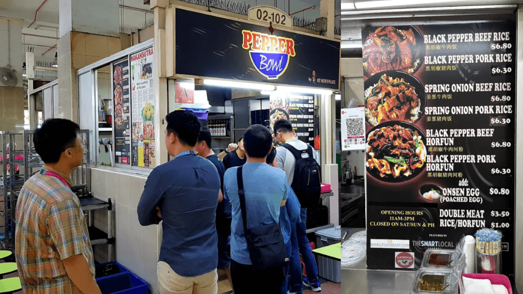 Amoy Street Food Centre Guide (2026): 20+ Best Stalls and Halal Eats 11 The stall sign for Pepper Bowl (#02-102) known for affordable beef bowls at Amoy Street Food Centre