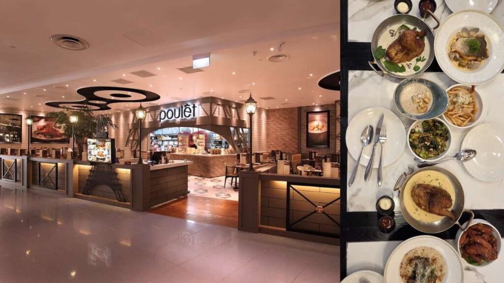 Poulet: Signature French roast chicken with mushroom cream sauce and side dishes served at Poulet.