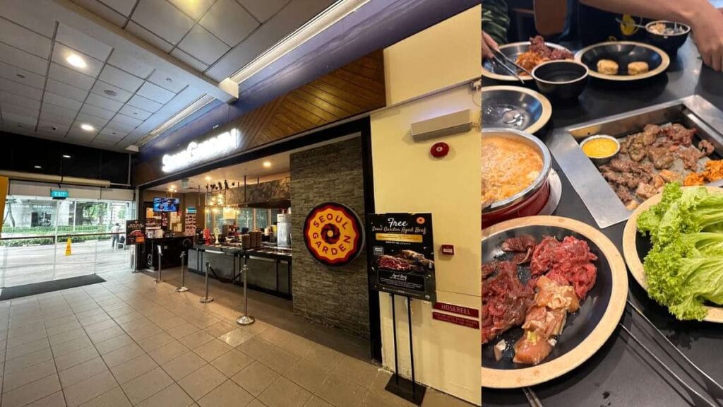 Seoul Garden Buffet: Diners enjoying a Korean-style BBQ and hotpot buffet with a variety of marinated meats at Seoul Garden.