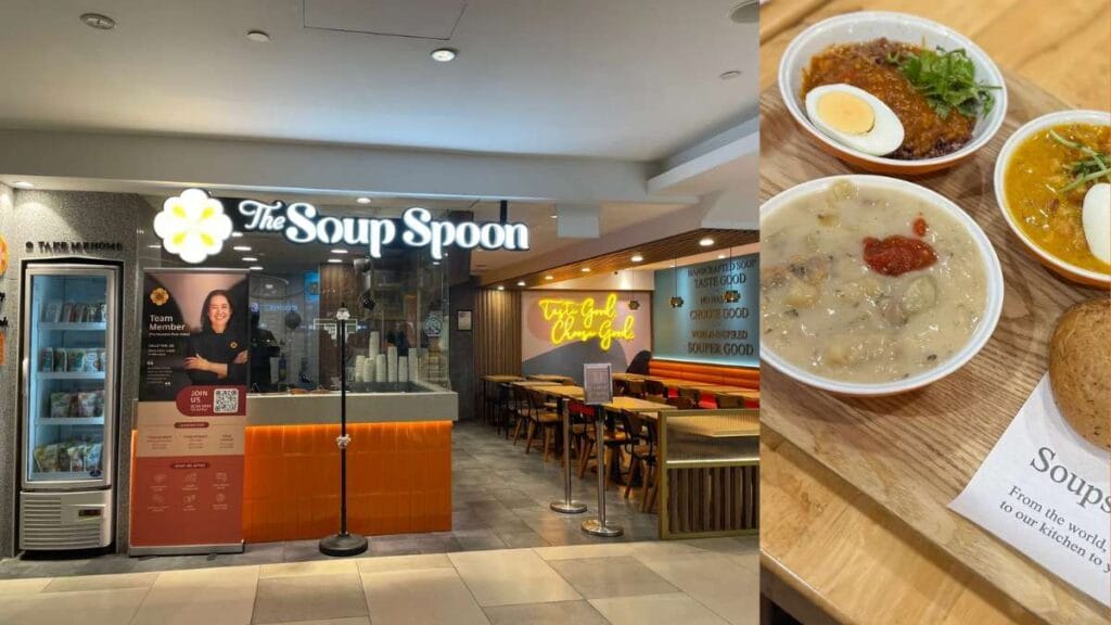 The Soup Spoon: Hearty bowl of creamy mushroom soup paired with a side sandwich for a filling meal  - raffles city food
