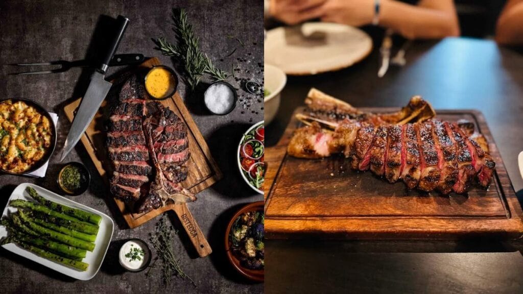 A thick-cut Bistecca alla Fiorentina T-bone charred over a charcoal grill, celebrated as the best steak in Singapore.