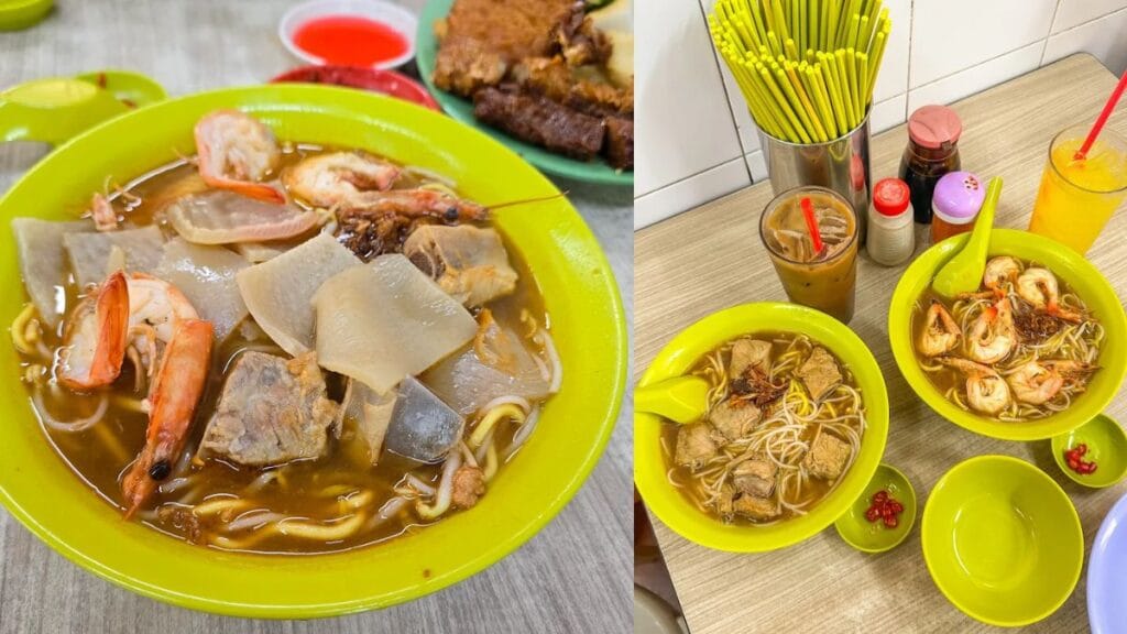 Thick rich soup with giant peeled prawns and crispy Ngoh Hiang at Blanco Court Prawn Mee hidden gem.