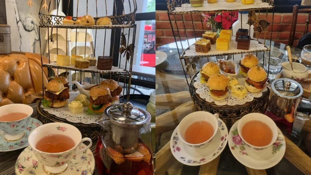 Brunches Cafe (Rangoon Road): Whimsical gold birdcage high tea stand served near a vintage Mini Cooper dining table for the best high tea Singapore.  
