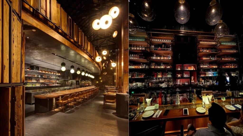 The lively open-kitchen counter at Burnt Ends where guests watch chefs prepare the best steak in Singapore.