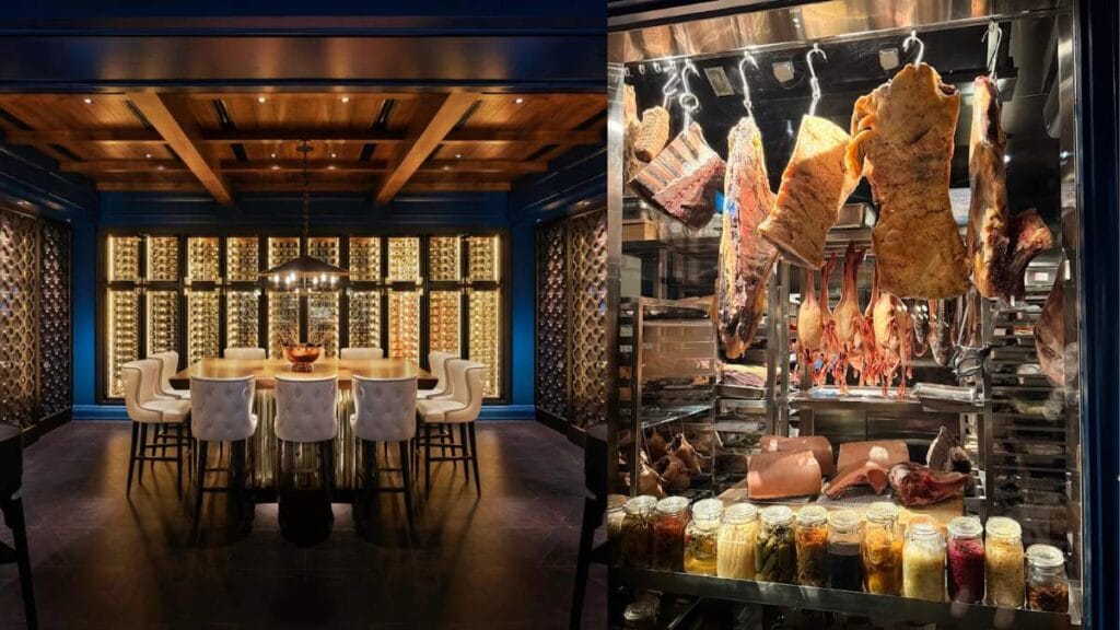 The luxurious cobalt blue dining room of Butcher's Block at Raffles Hotel, a grand home for the best steak in Singapore.