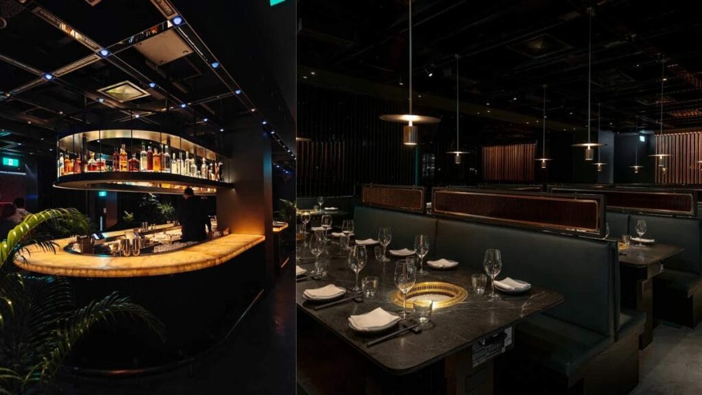 The vibrant, neon-lit social atmosphere of COTE, a trendy spot to find the best steak in Singapore.