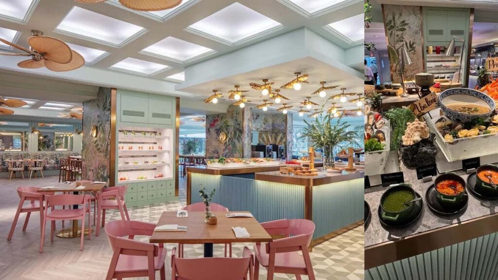 A lush, botanical-themed dining area at Ginger restaurant featuring a diverse halal buffet spread in Singapore.