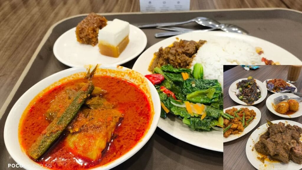 Authentic tender Beef Rendang, crisp fried tofu, and spicy Sambal Belacan Nasi Ambeng platter at Hjh Maimunah Haji Lane.