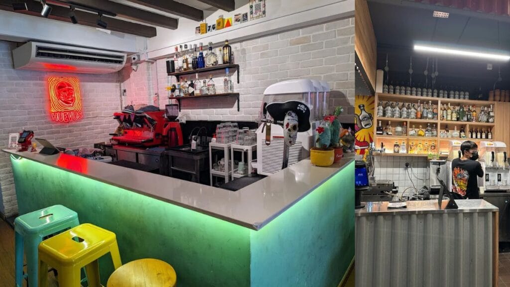 Huevos Mexican restaurant storefront offering cramped but air-conditioned indoor seating for famous non-halal Haji Lane food.

