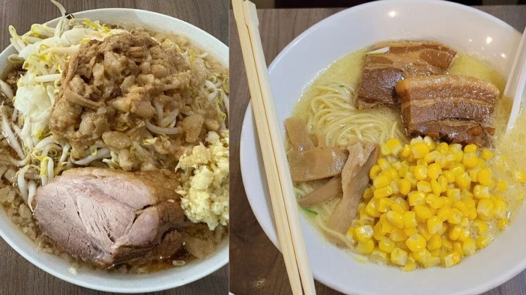 A towering Megaman Jiro style bowl loaded with bean sprouts at Brothers Ramen known as the most filling and satisfying best ramen in Singapore