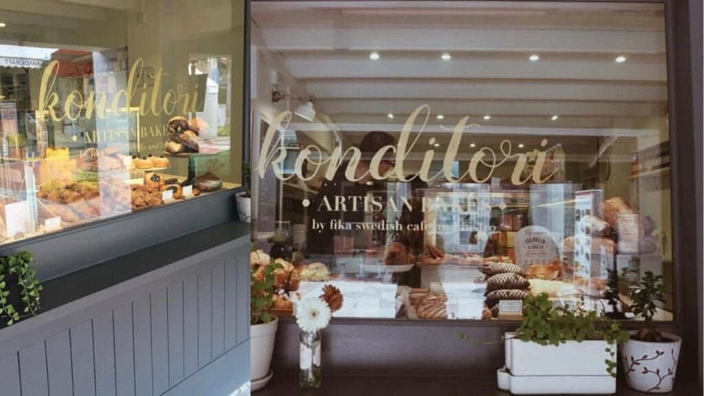 Konditori Artisan Bakes and Pastries glass window display featuring halal-certified artisan bakery treats near Arab Street.
