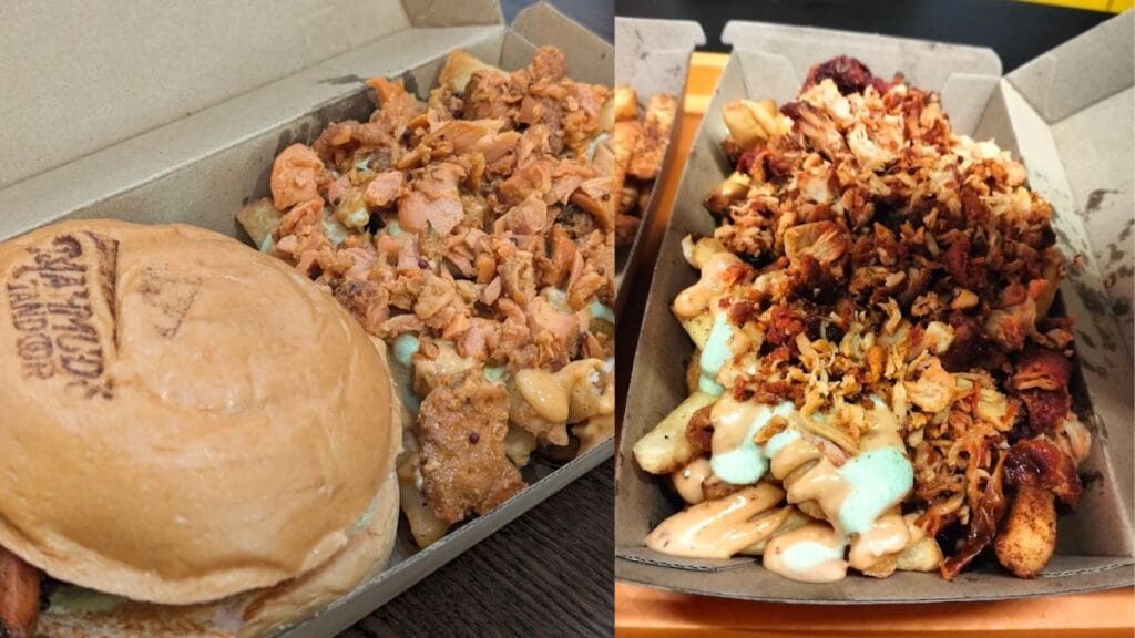 Massive Crispydoori fried tandoori chicken burger, OG Baked Tandoori burger, and Masala Fries at Mahmud's Tandoor.