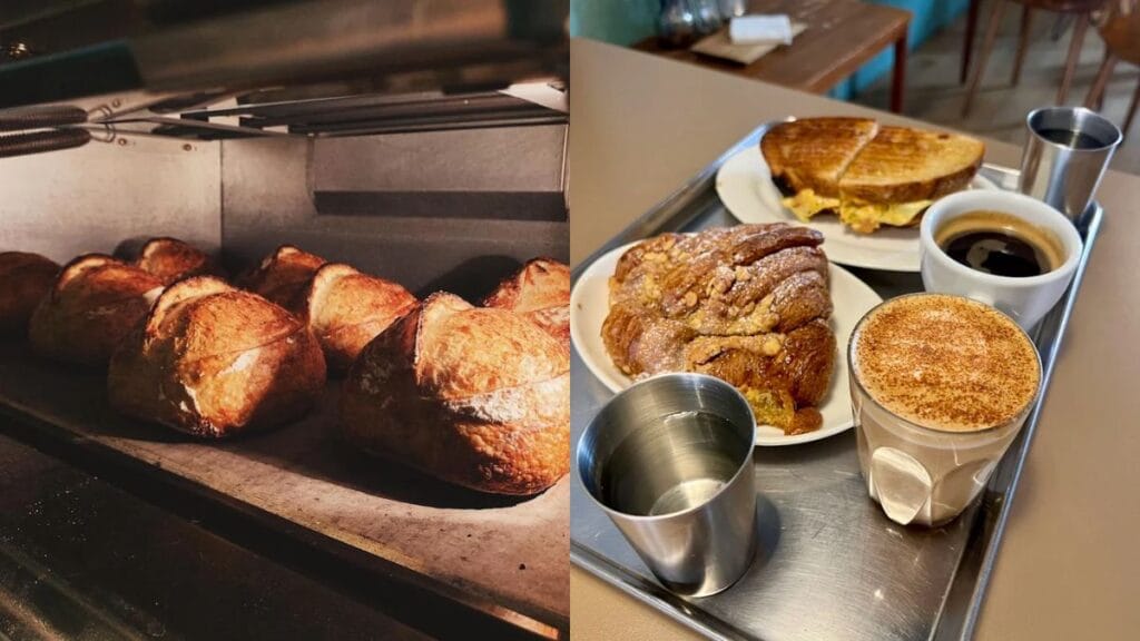 Freshly baked flaky Almond Croissant, artisan sourdough crust, and savoury chicken and cassava puff at Mother Dough Bakery.