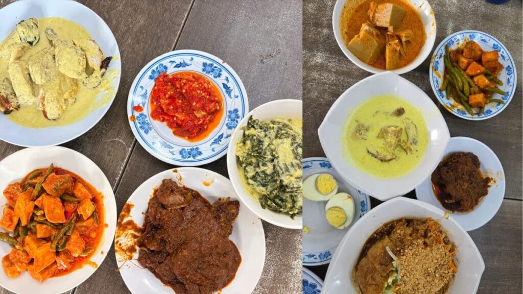 Authentic Nasi Padang Sabar Menanti rich Beef Rendang, Jackfruit Nangka Curry, and famous breakfast Bihun Goreng halal food.