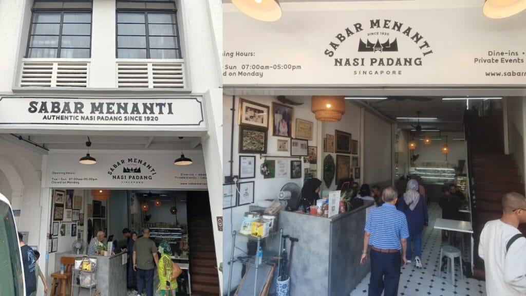 Nasi Padang Sabar Menanti restaurant entrance across from Sultan Mosque offering authentic breakfast and lunch dining near Arab Street.

