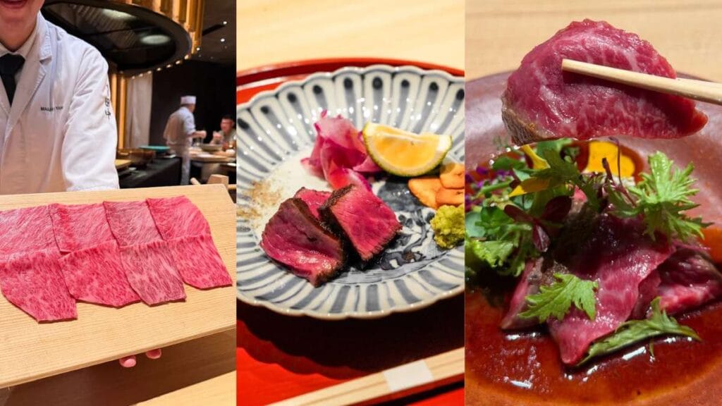 Marbled Kobe Tajima Wagyu slices from a premium meat omakase, known as the best steak in Singapore.