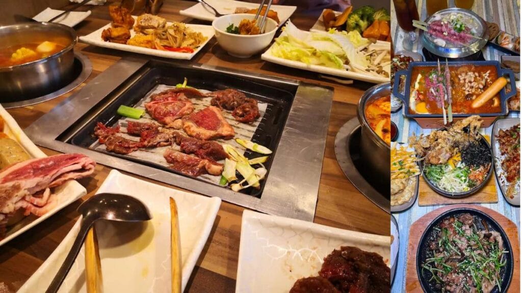 A family-friendly grill and steamboat setup at Seoul Garden halal buffet restaurant in Singapore.