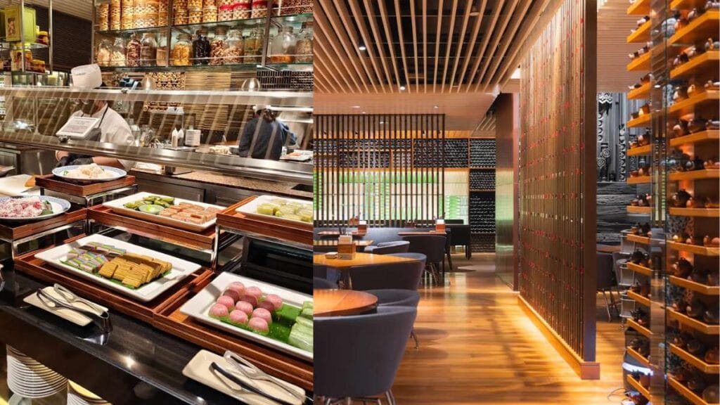 Live show kitchens preparing authentic Singaporean street food at the StraitsKitchen halal buffet.