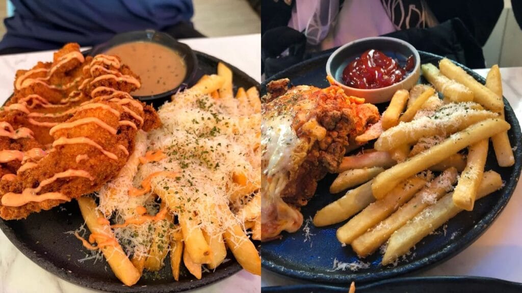 Generous loaded cheese fries, spicy Samyang Wings, and Lemak Chilli Padi Pasta with Ribeye at The Halal Corner Singapore.