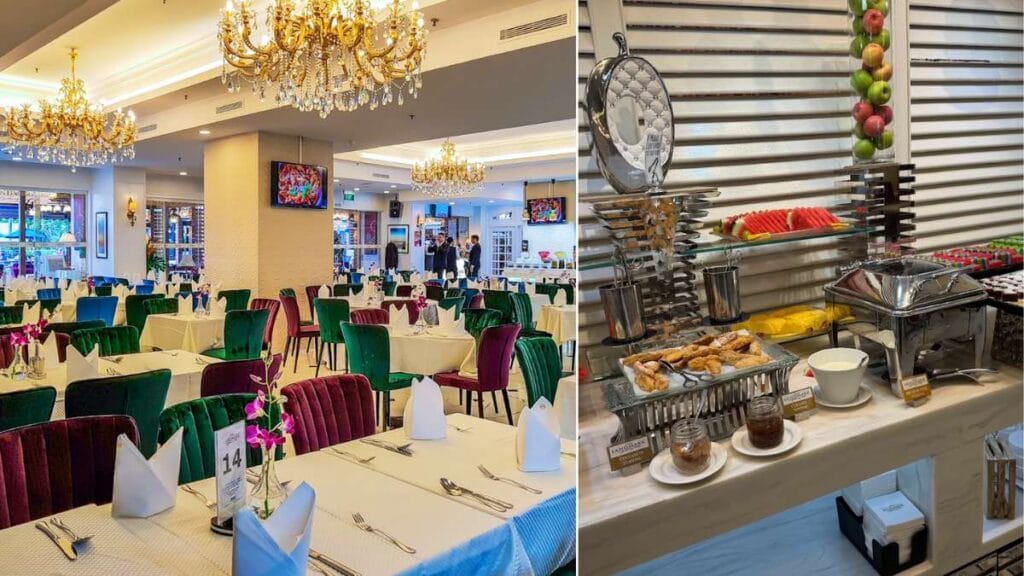 A poolside international halal buffet at The Landmark Restaurant featuring live cooking stations.