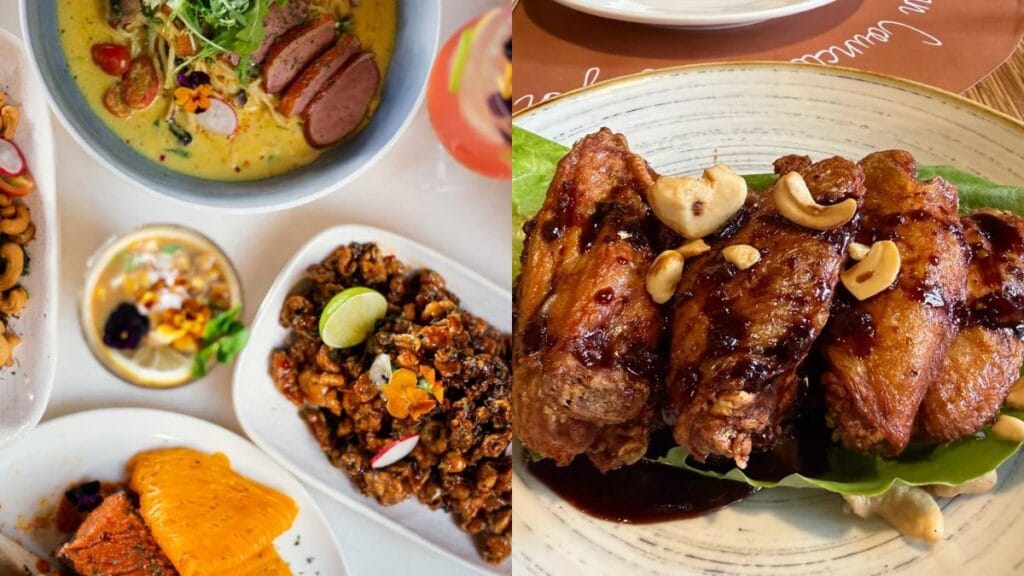 Generous massive portions of Softshell Crab Mee Goreng, tender Ribeye, and chicken wings at The Malayan Council.