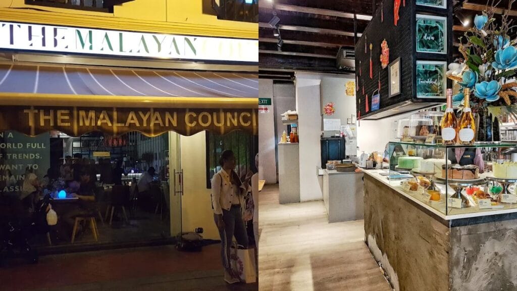 The Malayan Council Bussorah restaurant interior featuring soft couches and relaxed premium halal dining in Kampong Glam.
