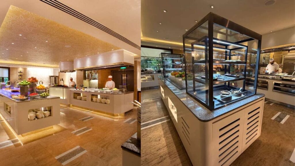 Cozy dining atmosphere with a mix of local and seafood dishes at Window on the Park halal buffet.