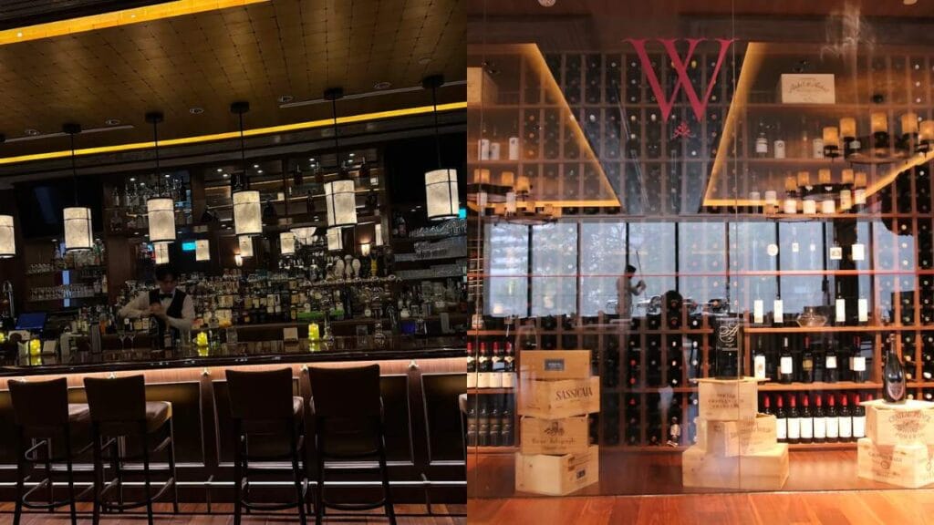 The timeless walnut-paneled New York-style interior of Wolfgang’s Steakhouse, a premier location for the best steak in Singapore.