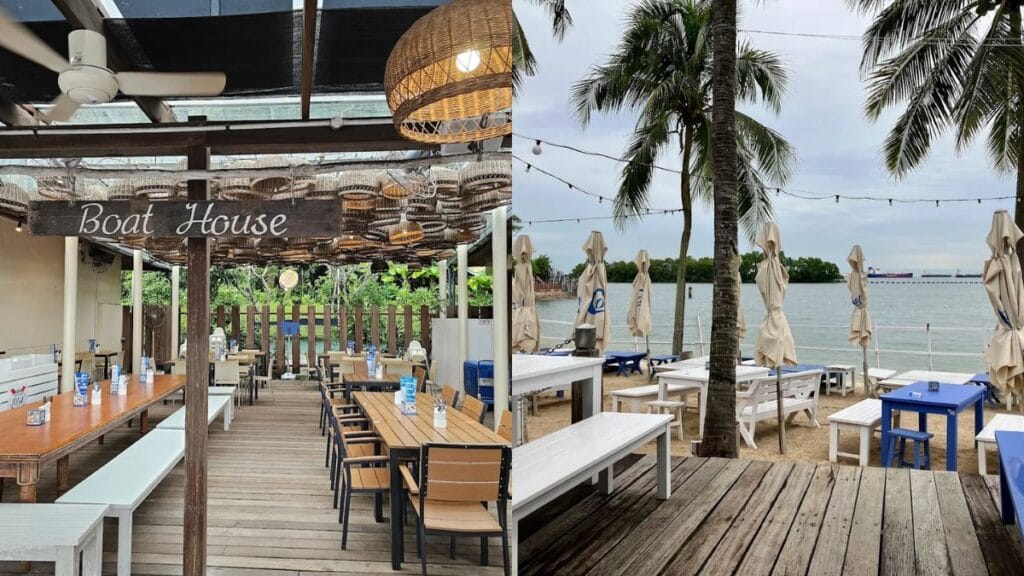 Best Dog Cafe Singapore: 26 Pet-Friendly Spots (2026) 26 Dogs resting by the wooden beachside tables at Coastes Sentosa, a casual beachfront dog cafe.