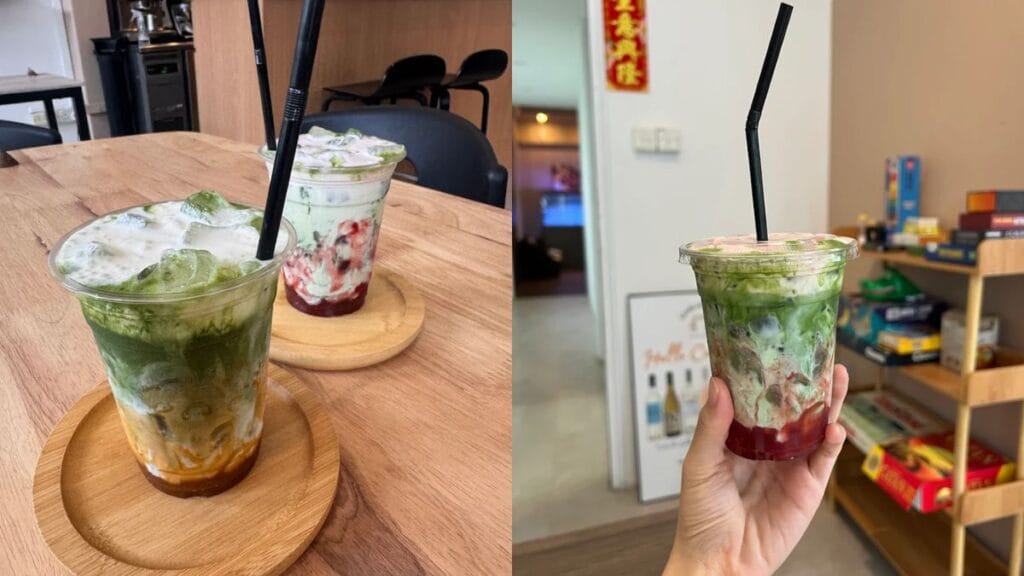 Inventive Pistachio Matcha drink and Gyukatsu Sando at Nibbies Shophouse Cafe, a creative Telok Ayer food option