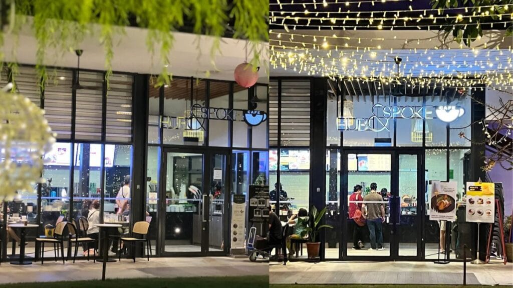 Best Dog Cafe Singapore: 26 Pet-Friendly Spots (2026) 27 A dog relaxing outside the glass doors of Hub & Spoke Cafe, a nature-surrounded dog friendly cafe singapore in Changi.