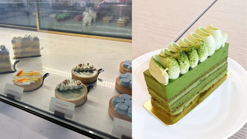 Signature Matcha Opera cake and silky Tofu Cake at LUNA Patisserie, the best dessert in the Telok Ayer food scene.